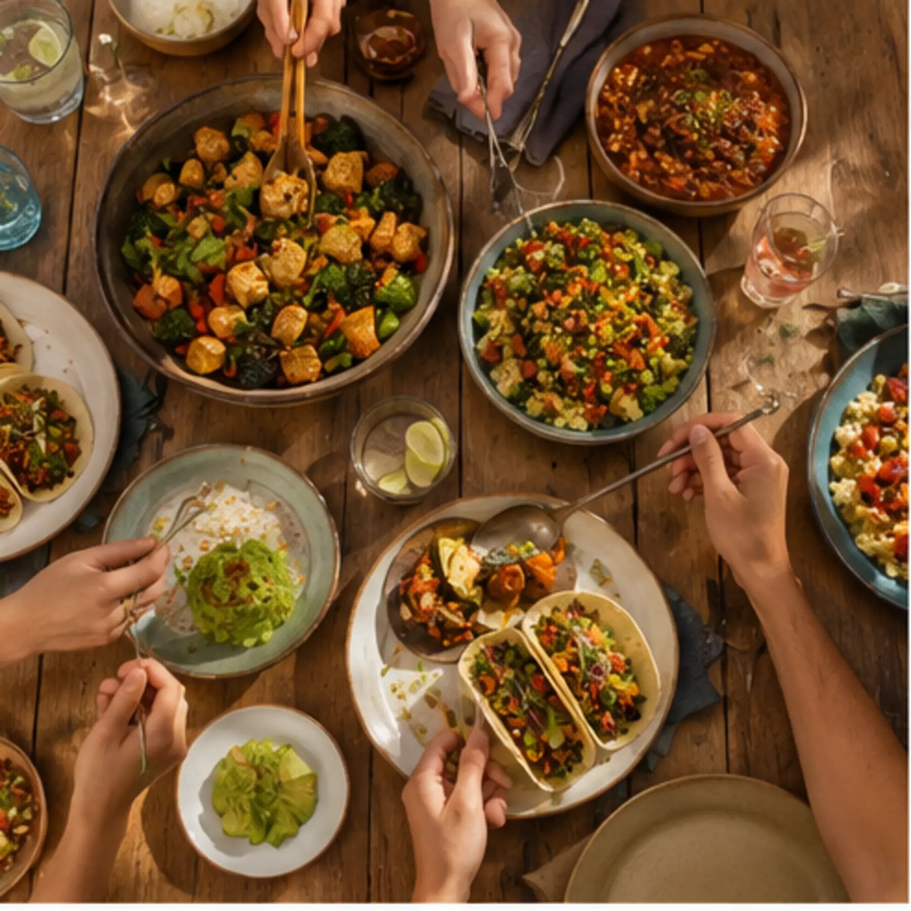 Friends sharing a colorful table of healthy dishes from around the world